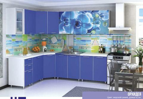 Кухонный Гарнитур Орхидея Синяя Угловая 4300 мм